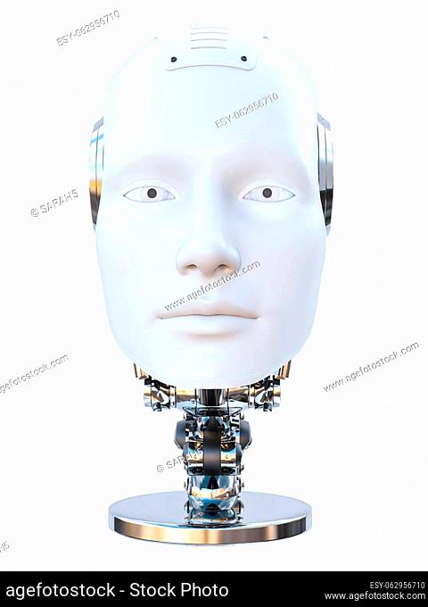 3D rendering of a severed android robot man head with eyes open on a stand or podium. White background. Futuristic ai concept