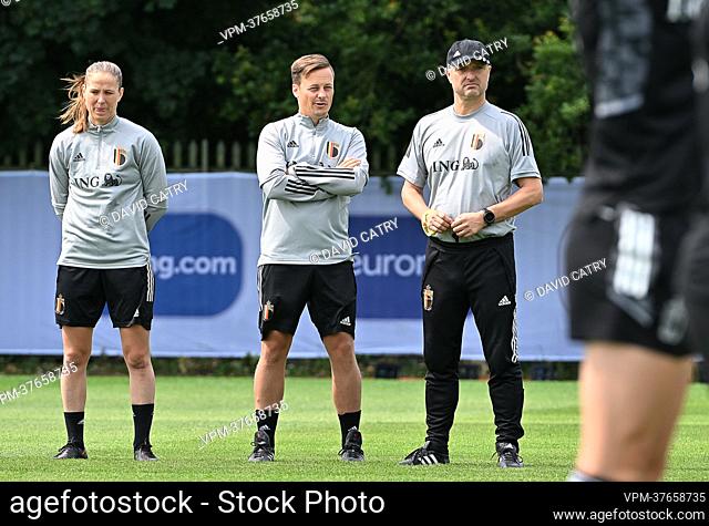Belgium's assistant coach Lenie Onzia, Belgium's assistant coach Thomas Jansen and Belgium's head coach Ives Serneels pictured during a training session of...