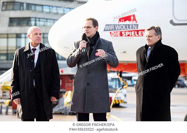 The CEO of Air Berlin, Stefan Pichler (L), Berlin's governing mayor, Michael Mueller (SPD, C) and the chairman of Berlin's airport operator Flughafen Berlin...