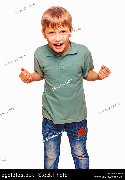 happy teen excited teenage boy shows his hand so his fists isolated on white background