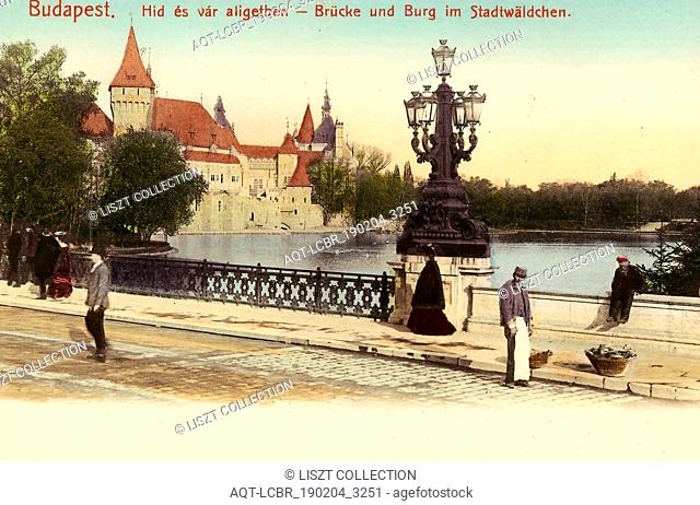 Bridge over the Városligeti lake, Historical images of Vajdahunyad Castle (Budapest), 1903, Budapest, Brücke und Burg im Stadtwäldchen, Hungary