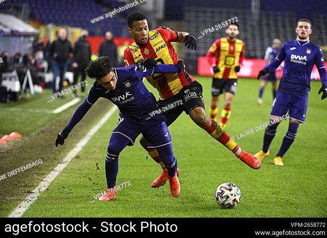 Anderlecht's Anouar Ait El Hadj and Mechelen's Aster Vranckx fight for the ball during a soccer match between RSC Anderlecht and KV Mechelen