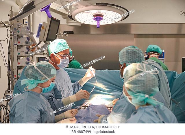 Heart surgeon Prof. Richard Frey with team during a heart operation in the operating room, Bundeswehr Central Hospital Koblenz, Rhineland-Palatinate, Germany