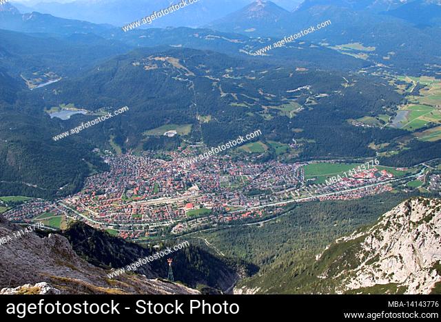 mittenwald, view from the mountain station of the karwendelbahn to mittenwald, kranzberg area, werdenfelser land, upper bavaria, bavaria, germany, europe