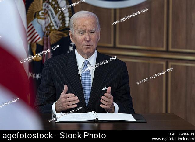 United States President Joe Biden makes remarks and meets with business and labor leaders in the South Court Auditorium at the White House in Washington