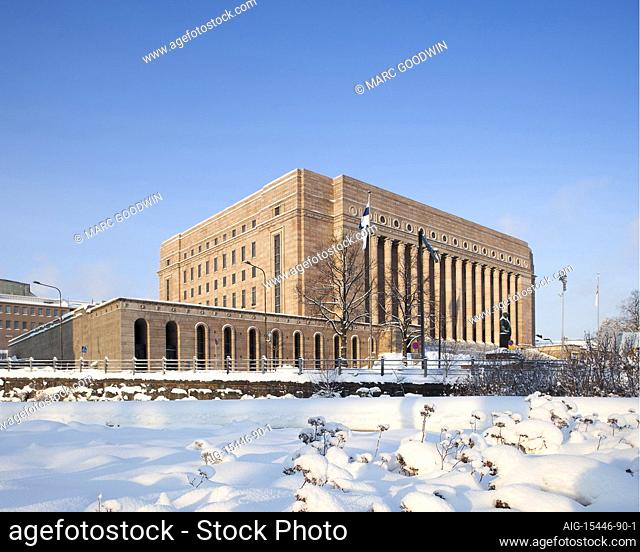 An external view of the Finnish parliament in Eduskunta, Finland. A winters scene