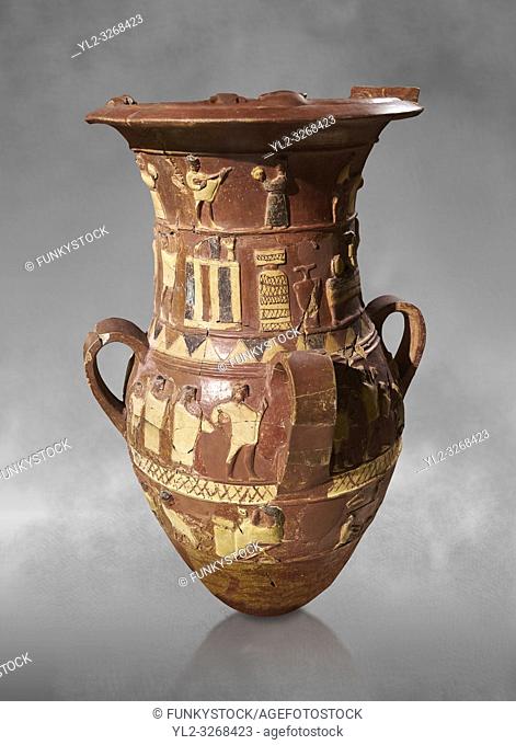 Inandik Hittite relief decorated cult libation vase with four decorative friezes featuring figures coloured in cream, red and black