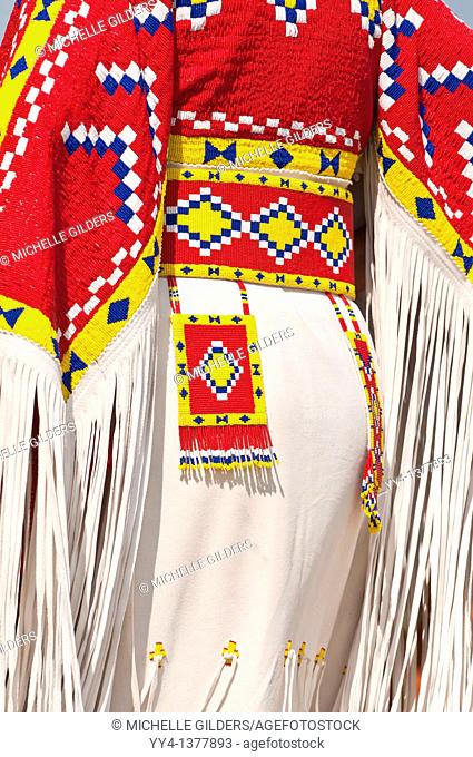 Detail of a female traditional dancer's regalia, Pow-wow, Blackfoot Crossing Historical Park, Alberta, Canada