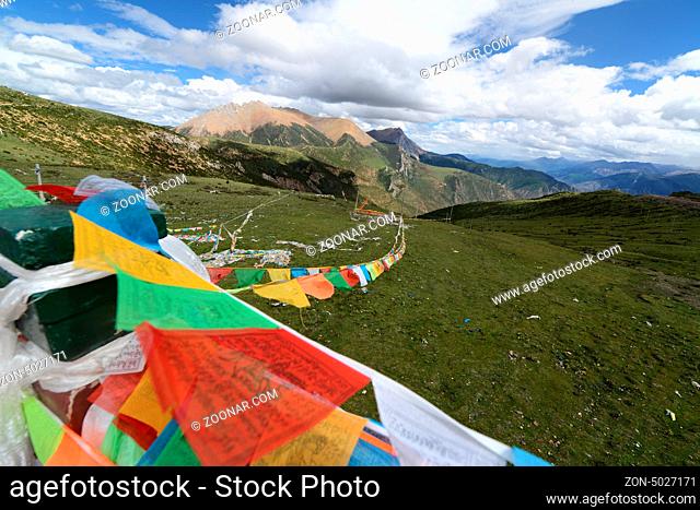 Colorful buddhist prayer flags on the grassland in Tibet