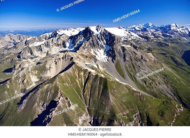 France, Savoie, Maurienne Valley, Vanoise National Park, La Dent Parrachée 3639m and the Vanoise glaciers, the Mont Blanc in the background aerial view