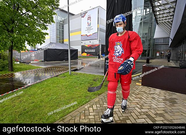 Michal Moravcik of Czech Republic on the way to a bus that will take him to the training hall during the 2021 IIHF Ice Hockey World Championship in Riga, Latvia