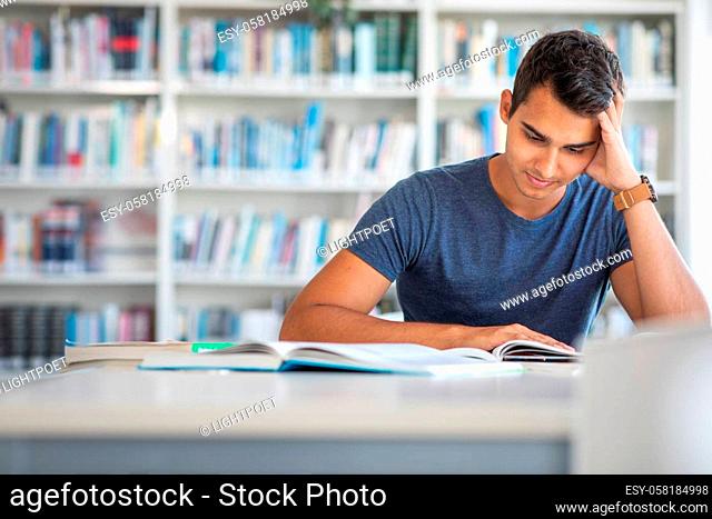 Students in a library - handsome student reading a book for his class in a bright modern library