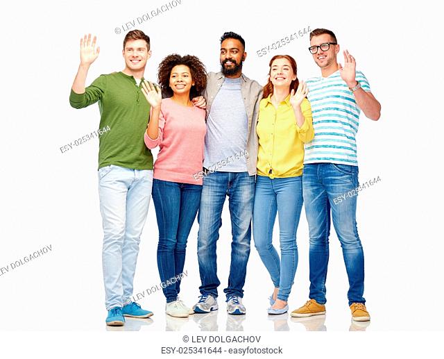 diversity, race, ethnicity and people concept - international group of happy smiling men and women waving hands over white