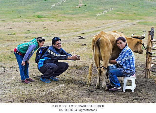 Boy watching a tourist who takes a photo with his smartphone of a female farmer who is milking a cow, Gorkhi-Terelj National Park, Mongolia