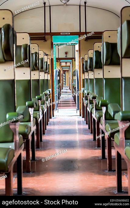 Interior of a vintage Dutch train carriage from The Veluwsche Steam Train Company in Beekbergen in the Netherlands