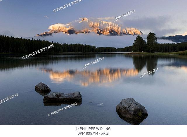 View of Mount Rundle from Two Jack Lake, Banff National Park, Banff, British Columbia, Canada