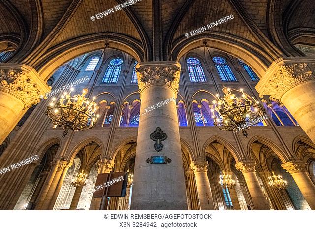 Interior of Notre-Dame de Paris, medieval gothic cathedral in Paris, France, a few weeks before destruction by fire
