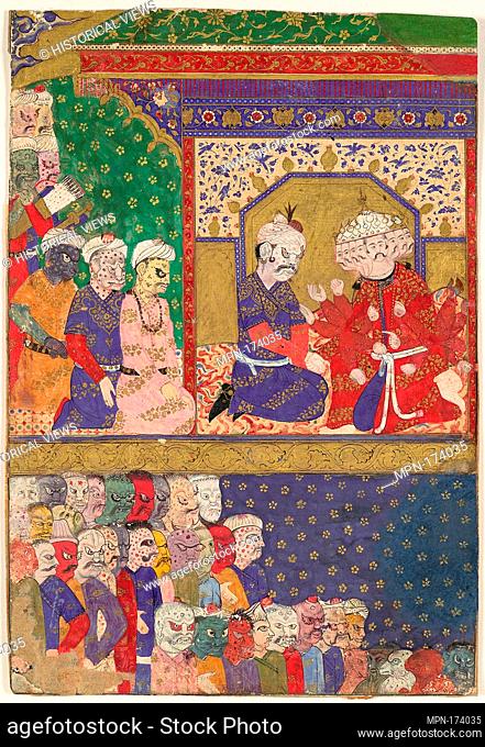 The Court of Ravana, Folio from a Ramayana. Object Name: Folio from an illustrated manuscript; Date: ca. 1605; Geography: Attributed to India; Medium: Opaque...