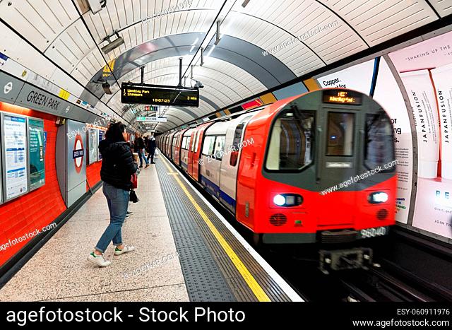 London, United Kingdom - May 12, 2019 Interior view of the Underground Tube System in London. London's system is the oldest underground railway in the world