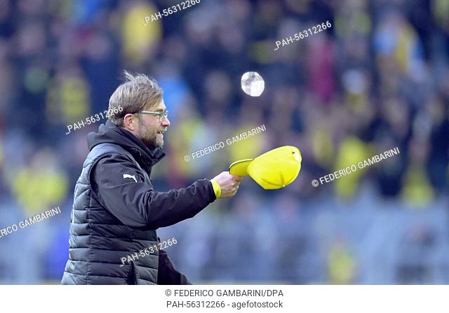 Dortmund's coach Juergen Klopp celebrates during the Bundesliga soccer match Borussia Dortmund vs FC Schalke 04 in Dortmund, Germany, 28 February 2015