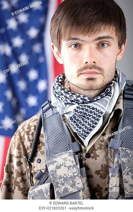 Soldier over american flag