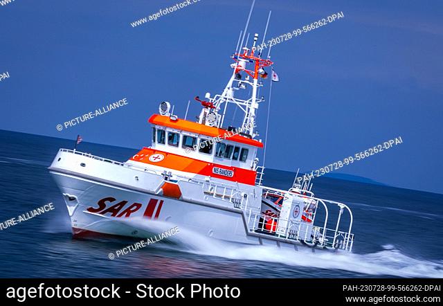 PRODUCTION - 27 July 2023, Mecklenburg-Western Pomerania, Zingst: The 28-meter-long and nearly 4, 000-hp marine rescue cruiser ""Nis Randers"" maneuvers during...