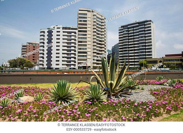 Apartment buildings with flowers and agave plants near the Larcomar Mall in Miraflores, Lima, Peru, South America