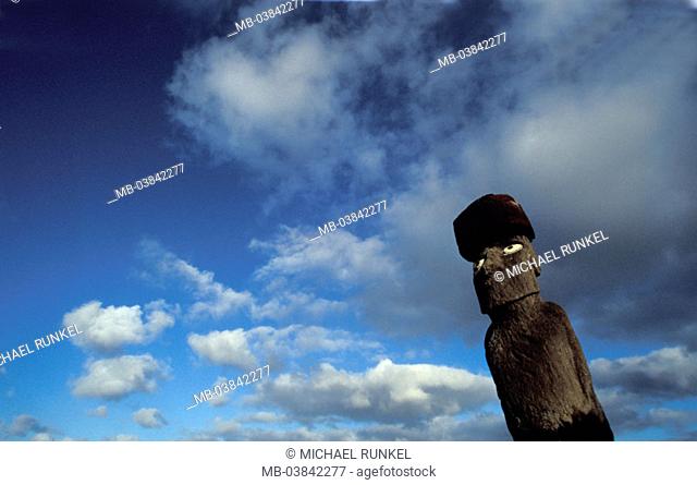 Chile, Easter island, Rapa Nui national park, Stone sculpture, Moai, detail, clouded sky,   Series, South America, Pacific, island, Isla de Pascua, sculpture