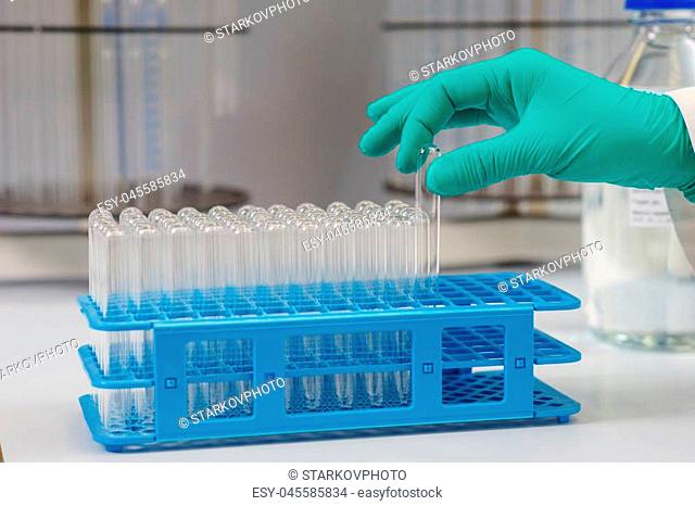 Laboratory worker wearing green rubber gloves takes a clean test-tube from the plastic rack for samples and analyzes. Pharmaceuticals and medicine