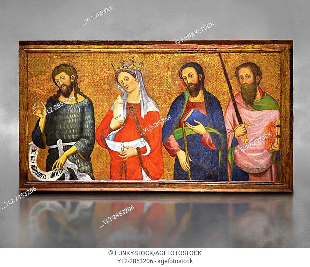 Painted Gothic panels from the Altarpiece of the Virgin of the Angels. . From Left - San John the Baptist, Santa Mary Magdele, St. James the Less, St