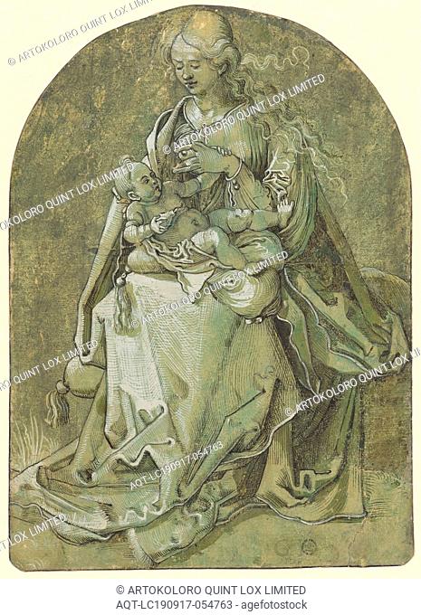 Mary with Child on the grassy bench, feather in black, greyish-green washed, heightened in white, on green primed paper, sheet: 26.4 x 18