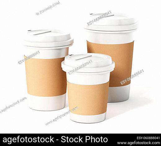 Various sized coffee cups isolated on white background. 3D illustration