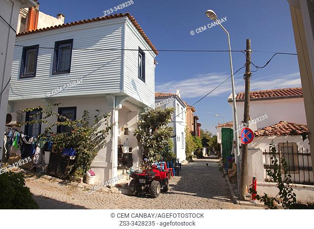View to the traditional houses in the town center of the ancient Tenedos, todays Bozcaada island, Bozcaada, Canakkale, Aegean Region, Turkey
