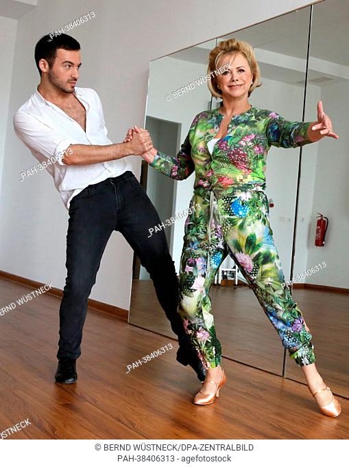 Television presenter Marijke Amado practices with professional dancer Stefano Terrazzino in preparation for the dance show 'Let's Dance' of broadcaster RTL in...