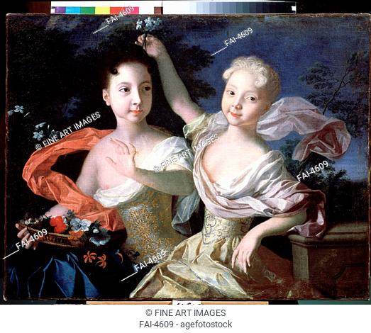 Portrait of Grand Duchesses Anna Petrovna (1708-1728) and Elisabeth Petrovna (1709-1761). Caravaque, Louis (1684-1754). Oil on canvas. Rococo. 1717