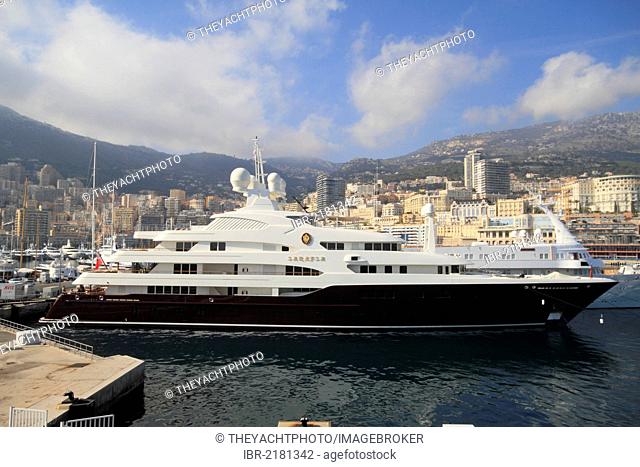 Motor yacht Sarafsa, 82m, built in 2008 by Devenport Yachts, now Pendennis Plus, in Port Hercule, Monaco, Côte d'Azur, Mediterranean, Europe