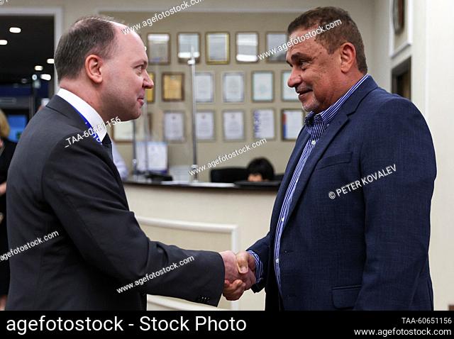 RUSSIA, ST PETERSBURG - JULY 24, 2023: Russia's Ambassador Artyom Kozhin (L) and Sylvestre Radegonde, Seychelles' Minister for Foreign Affairs and Tourism