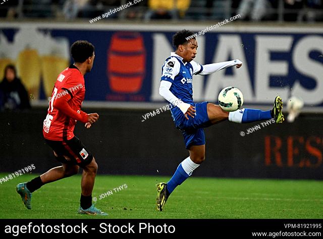 Rwdm's Ilay Camara and Gent's Malick Fofana fight for the ball during a soccer match between KAA Gent and RWDM Racing White Daring Molenbeek