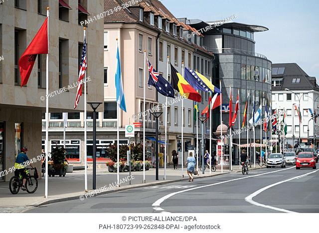 20 July 2018, Germany, Bayreuth: International flags line the streets. This year's Bayreuth Festival is due to start on 25 July