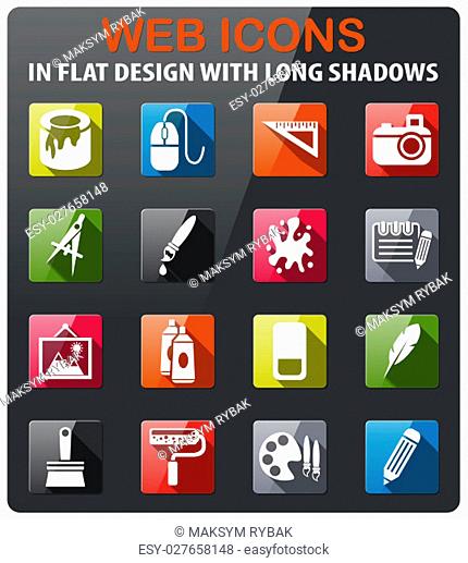 art tools icons set in flat design with long shadow