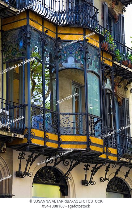 Modernist Balcony in Casa Ramon Oller, Catalan Art Nouveau. Builded in 1871 by Eduard Fontseré and reformed in 1901 by Pau Salvat i Espasa