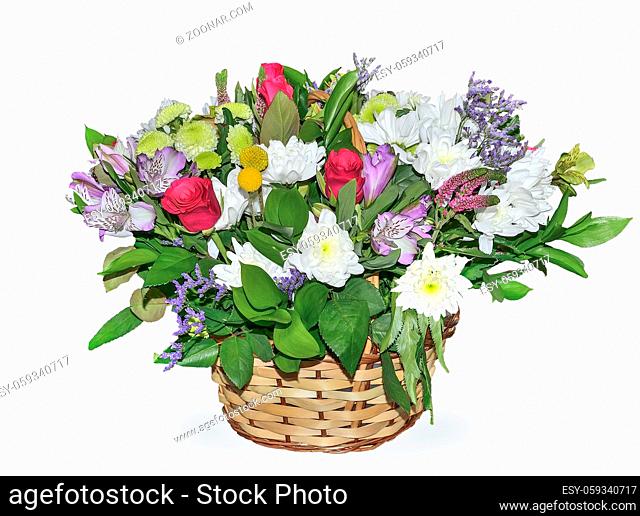 Festive colorful bouquet arrangement from different flowers: pink roses, white and yellow chrysanthemums, purple alstroemeria close up in wicker basket isolated...