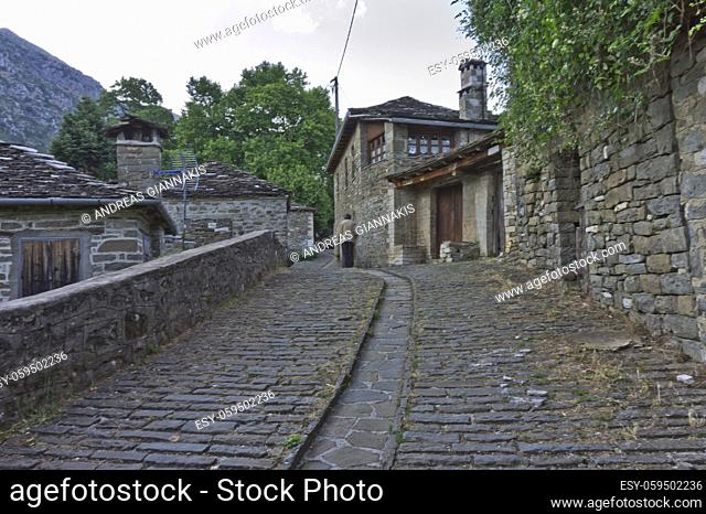 Tsepelovo Epirus, Old stone village street view, Greece, Europe