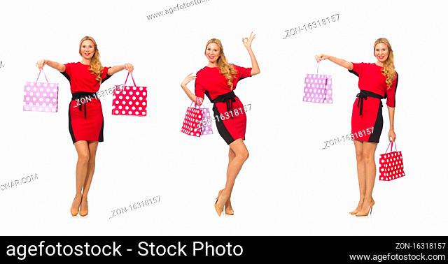 The beautiful lady in red black dress isolated on white