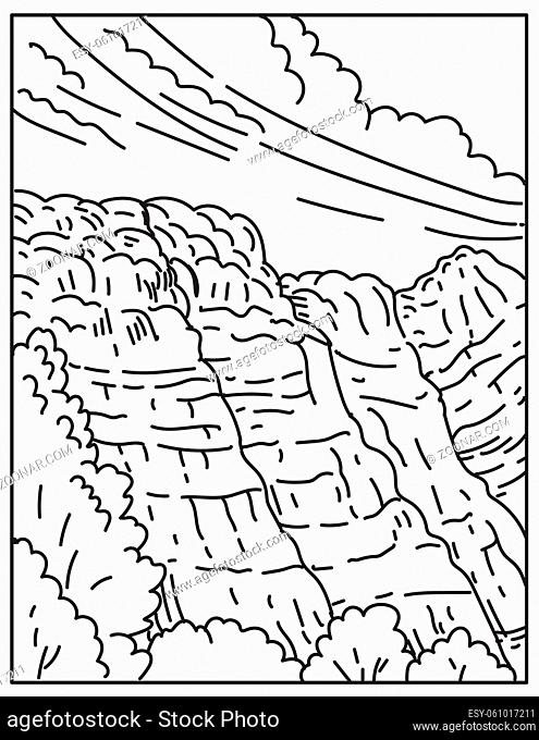 Mono line illustration of Vermilion Cliffs National Monument in northern Coconino County, Arizona USA in retro black and white monoline line art style poster