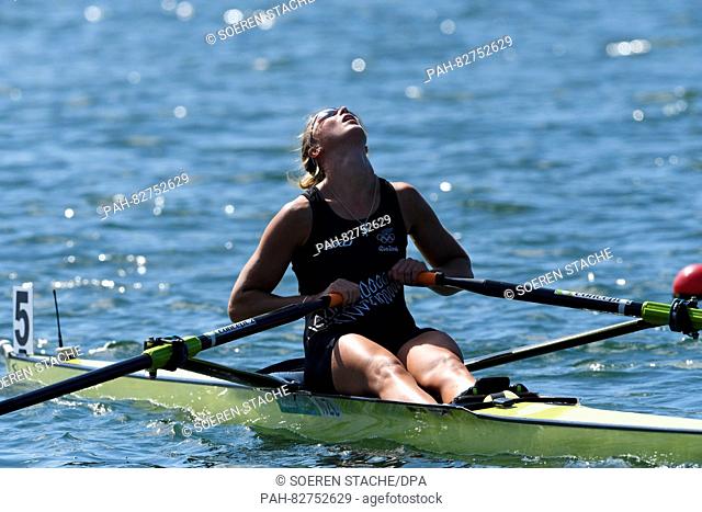 Emma Twigg of New Zealand reacts after the Women's Eight Final race of the Rowing events of the Rio 2016 Olympic Games at Lagoa Stadium in Rio de Janeiro
