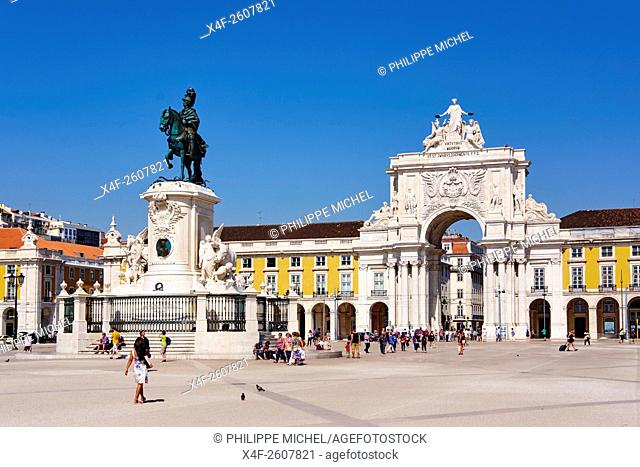 Portugal, Lisbon, Praca do Comercio, or Commerce Square. It is also known as Terreiro do Paco, or Palace Square after the Royal Palace which stood there and was...