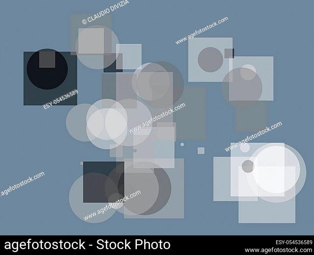 Abstract minimalist grey illustration with circles squares and slate gray background