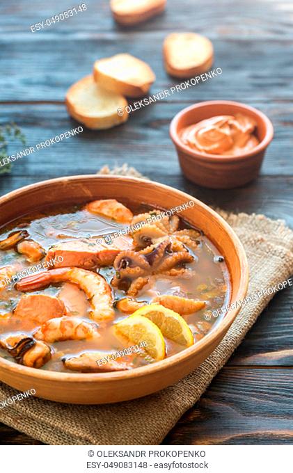 Bowl of Bouillabaisse - french soup with seafood