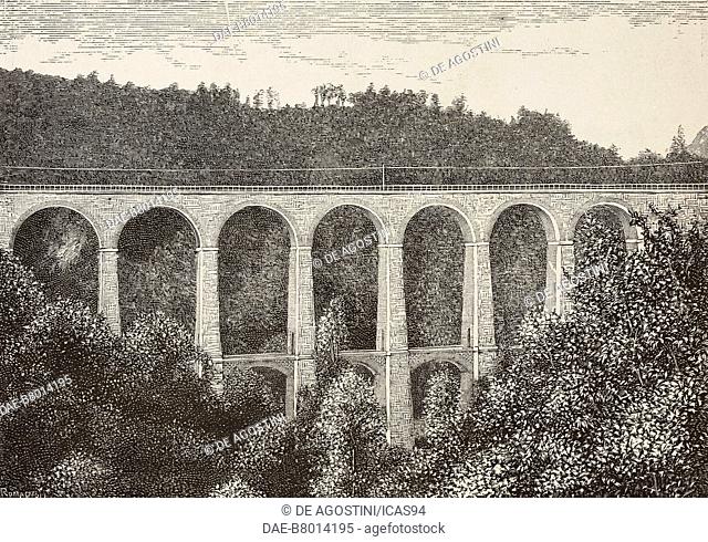 The railway viaduct in Belforte, between Varese and Malnate, Italy, engraving by Romagnoli from a photograph by Fidanza, from L'Illustrazione Italiana, year 12